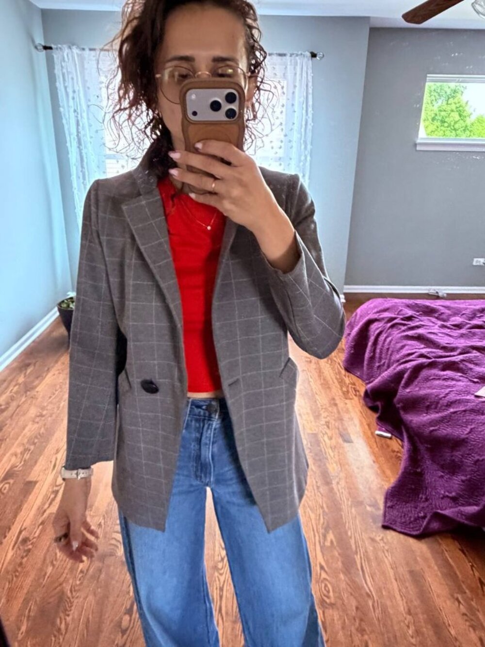 ALYY Grey Plaid Checked Single-Button Tailored Blazer